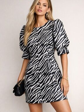 En Saison Charlie Zebra Print Puff Sleeve Mini Dress XS $198 Tuckernuck Pockets